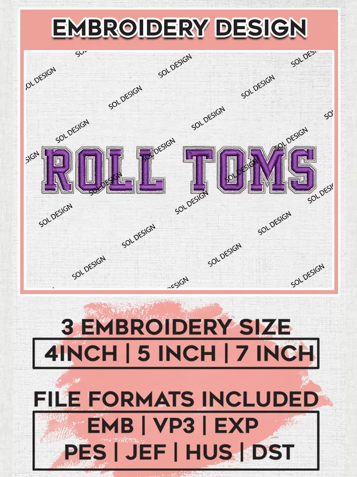 NCAA Roll Toms Team Word Logo Embroidery Design Files, NCAA St Thomas Minnesota Tommies Machine Embroidery, NCAA Teams, Game Day, 3 sizes, NCAA Machine embroidery designs, Digital Download