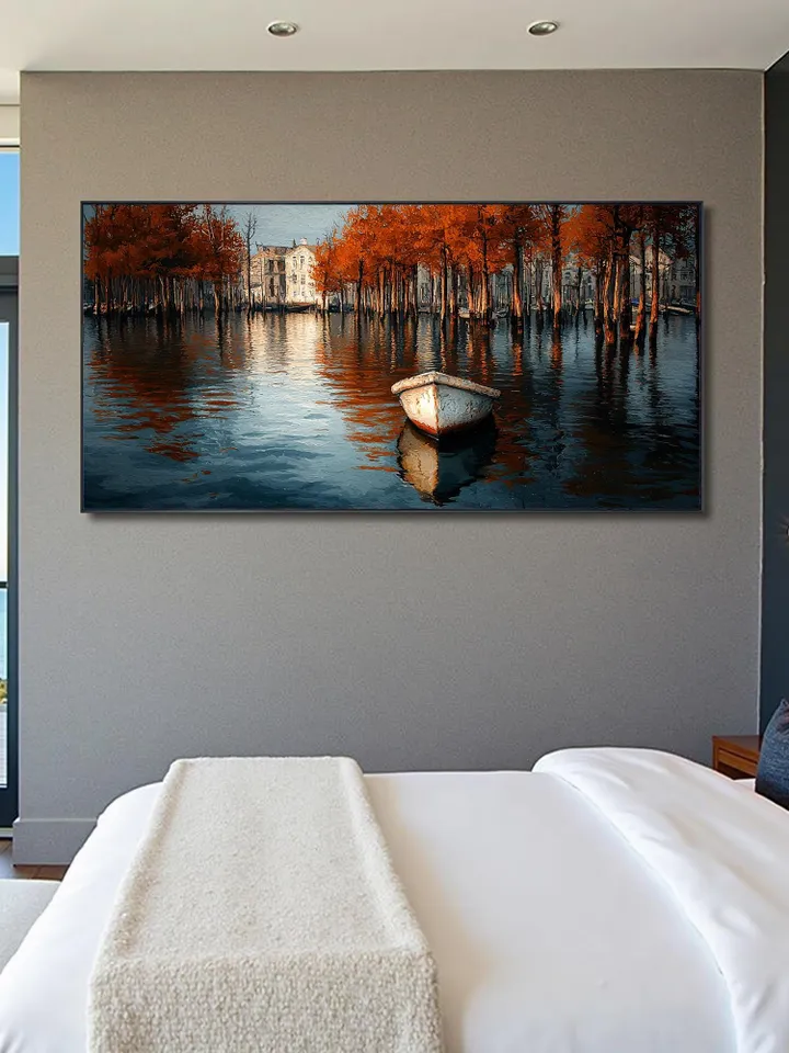 Canal Oil Painting, Autumn Scene Large Wall Art, Boat Painting, Fall Colors Artwork, Cityscape Art, Original Painting, Water Reflection Art