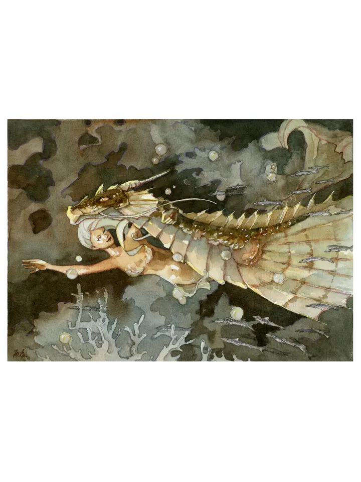 Mermaid and Water Dragon Painting Original fantasy art by Yulia Evsyukova