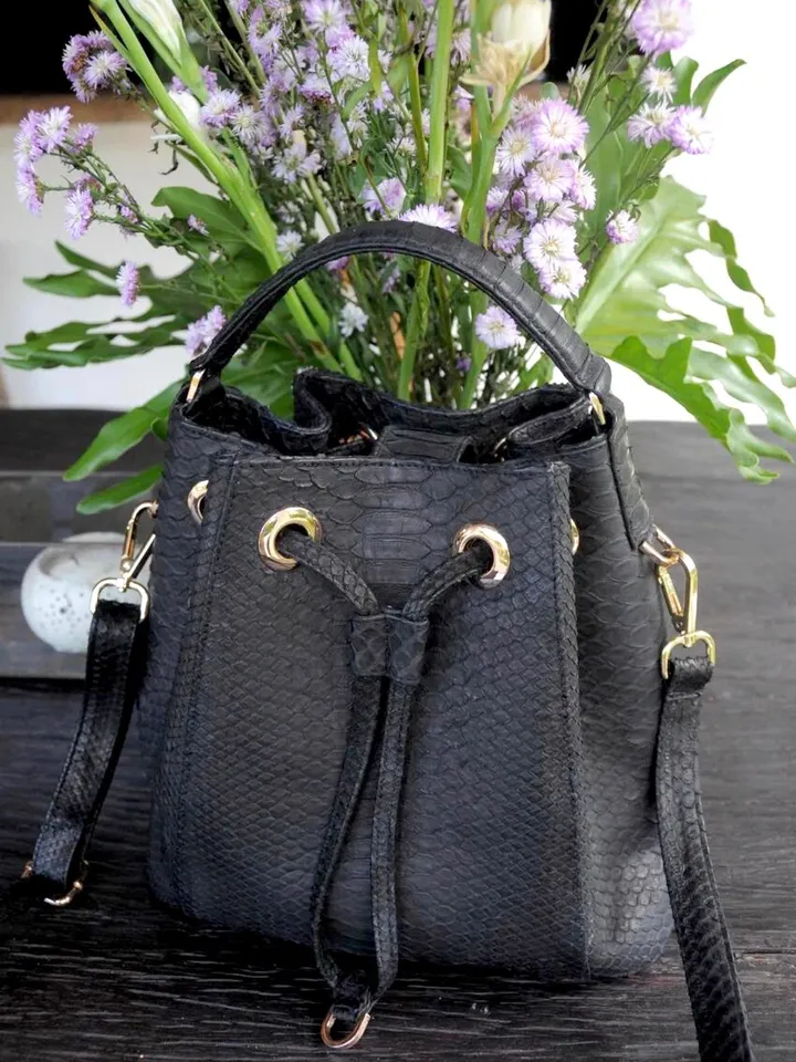 Genuine python skin black bucket crosshandle bag | designer women purse | classy elegant crossbody bag | exotic leather bags | gift idea