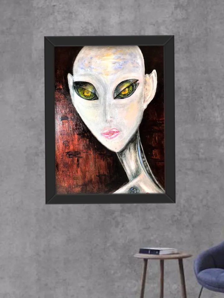 Alien painting on canvas,Alien portrait acrylic mix media painting.