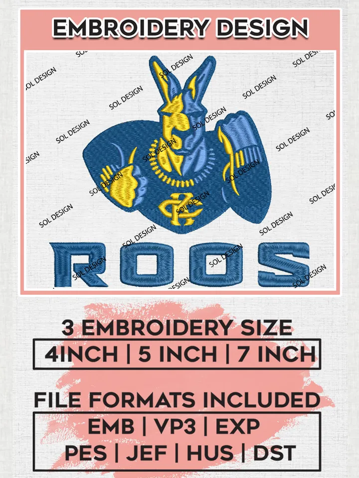 NCAA Roos Football Team Mascot Logo Embroidery Design Files, NCAA Kansas City Roos Machine Embroidery, NCAA Teams, Game Day, 3 sizes, NCAA Machine embroidery designs, Digital Download