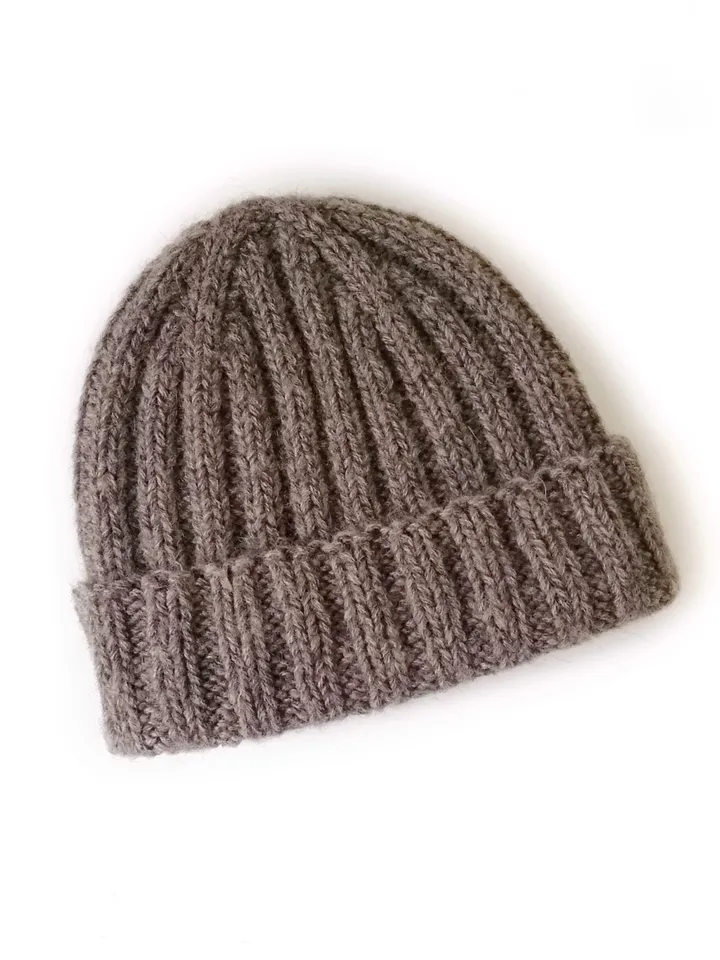 Cozy Men's Alpaca Wool Winter Beanie: Hand-Knitted Brown Hat. Warm Men's Beanie with Folded Brim: Handcrafted Ribbed Cap. FREE SHIPPING!