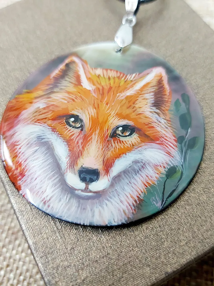 Pearl pendant necklace: Wild Fox face on handmade jewelry. Graceful nature hand painted on lacquer shell pendant. Gorgeous gift for women