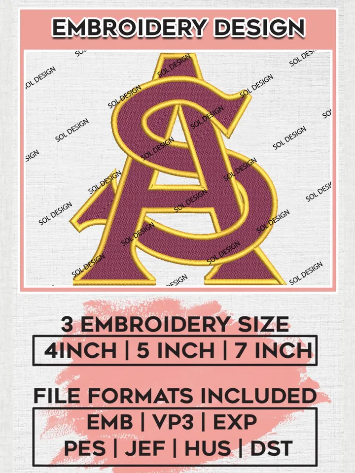 NCAA Arizona State Sun Devils College Team Letter Logo Embroidery Design Files, NCAA Arizona State Sun Devils Machine Embroidery, NCAA Teams, 3 sizes, NCAA Machine embroidery designs, Digital Download