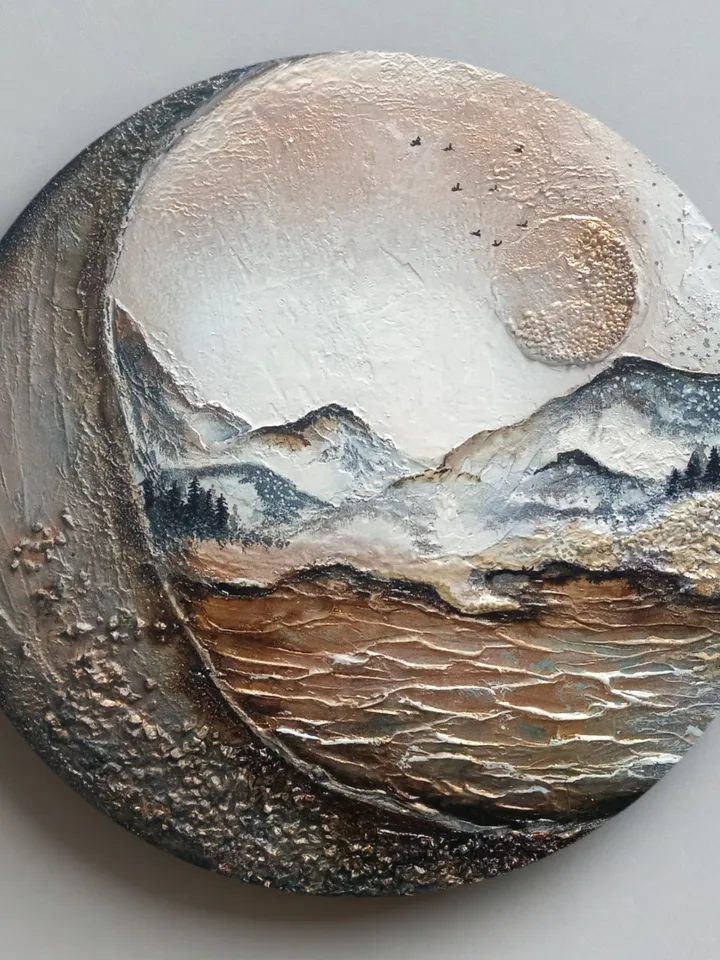 Painting, Wall decor, round painting, abstract landscape, sea mountains