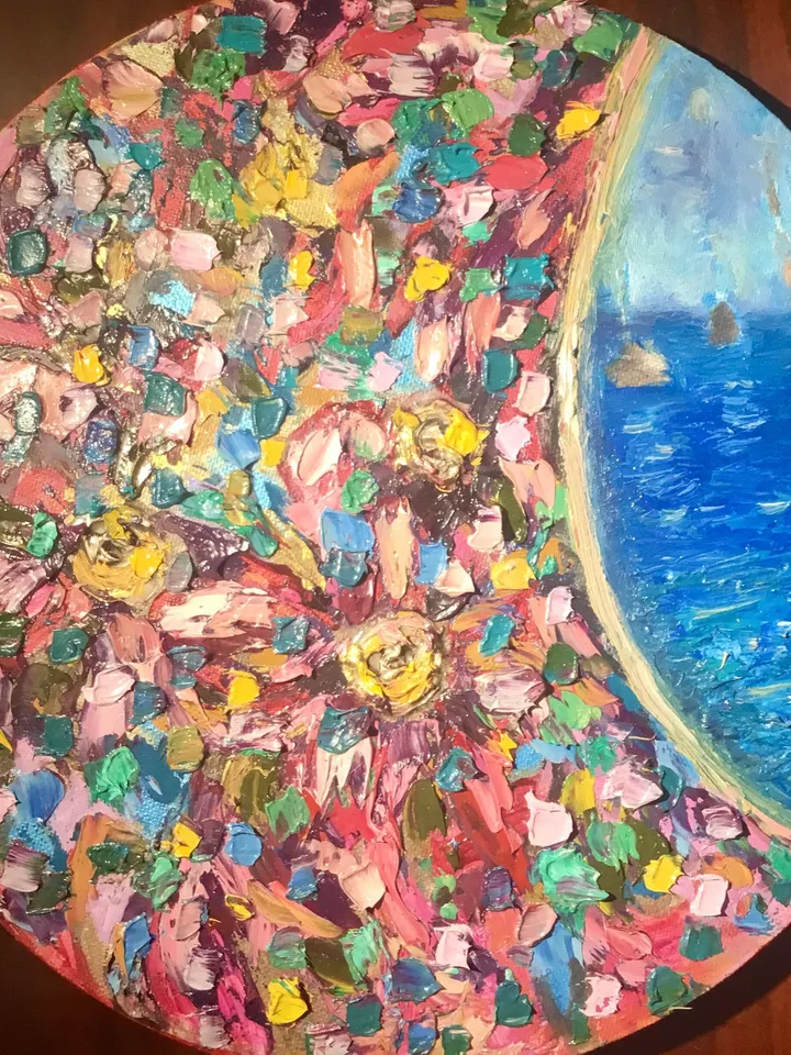 Fantasy mix media seascape and flowers painting,oil impasto painting,colourful wall art on round canvas,unique handmade gift home decor.