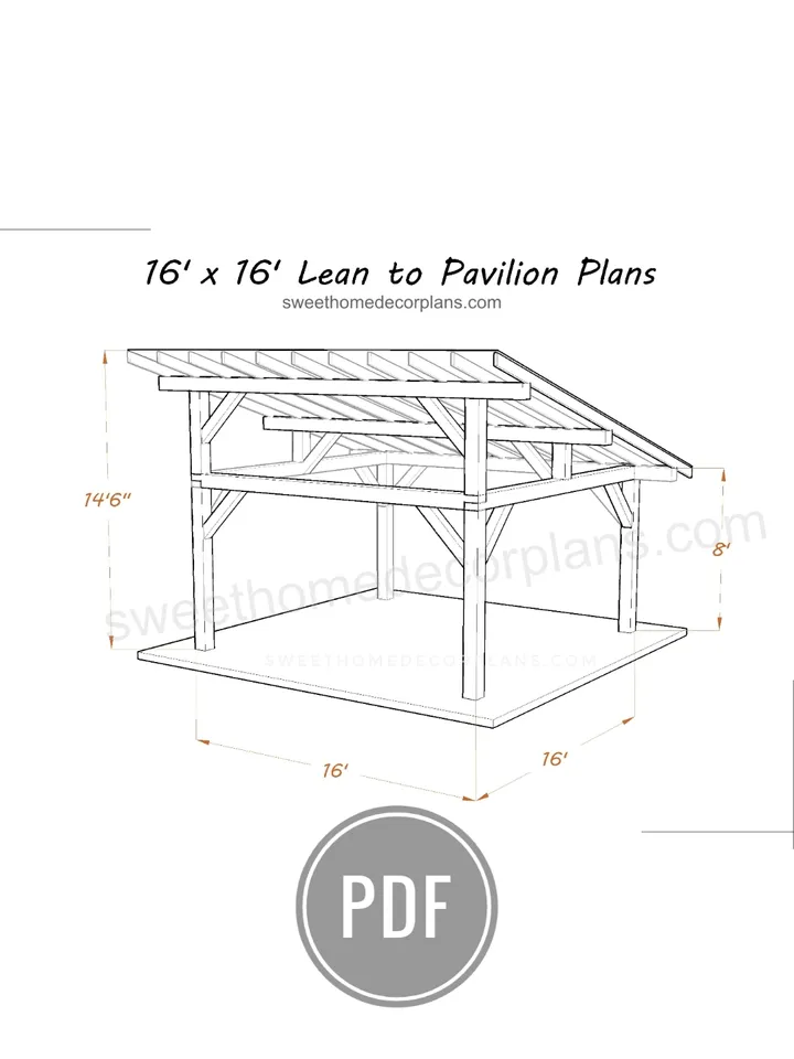 Diy 16 x 16 lean to pavilion plans in pdf. Carport plans. Wooden covered gazebo outdoor plans. Timber frame backyard pavilion plans.