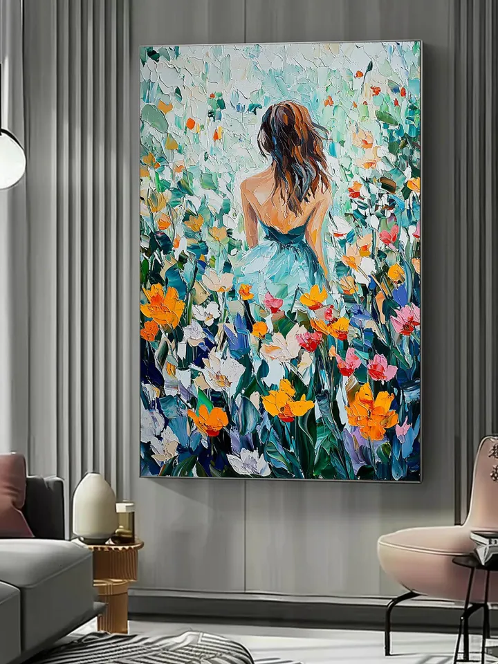 Large Impasto Woman in Flower Field Oil Painting, Colorful Garden Landscape, Textured 3D Original Art, Romantic Wall Art Decor,Gift for Her