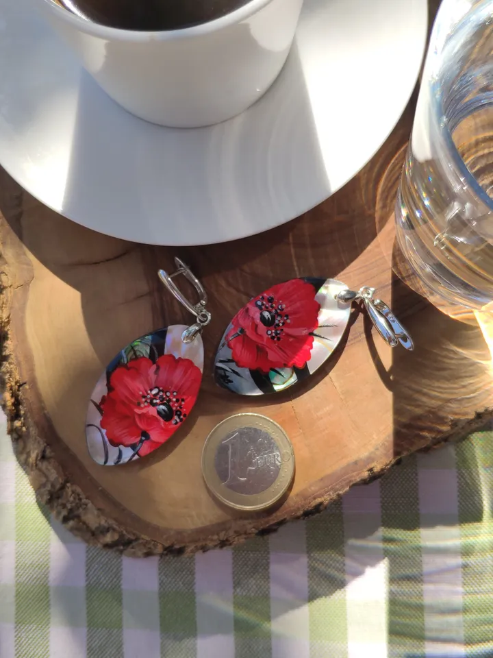 Pearl earrings: Red poppies on shell earrings. Aesthetic handmade floral design. Hand painted stylish jewelry gift with big red flower.