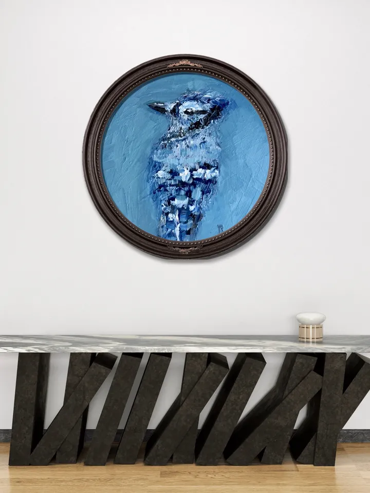 Blue jay bird painting on round canvas,bird wall art,original oil impasto bird painting,round canvas oil painting,gifts home decor.