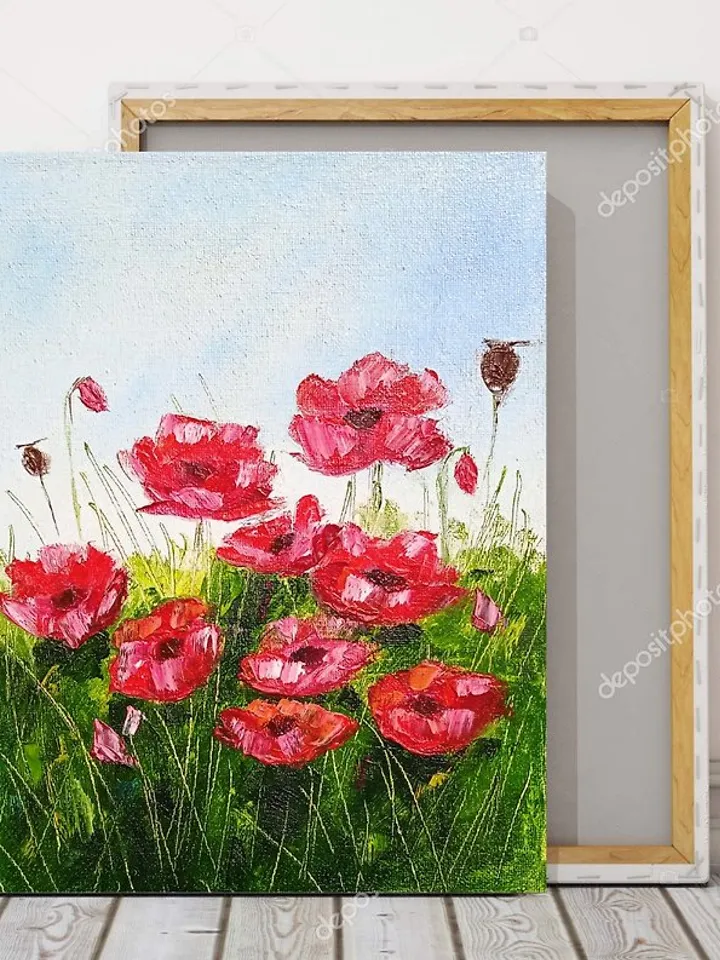Oil painting, Bright red flowers, Canvas, Meadow Art, Red Poppies,Impasto Art