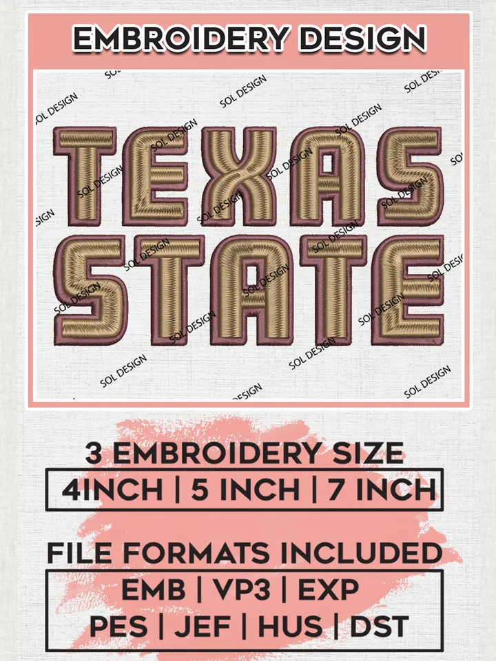 NCAA Texas State Team Writing Logo Embroidery Design Files, NCAA Texas State Bobcats Machine Embroidery, NCAA Teams, Game Day, 3 sizes, NCAA Machine embroidery designs, Digital Download