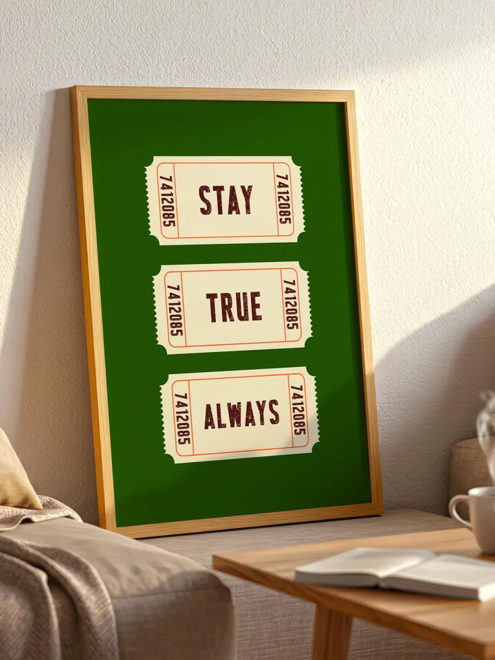 Stay True Always Retro Ticket Trio Printable Motivational Wall Art, Bold Typographic Poster Set for Home, Personalized and Customizable
