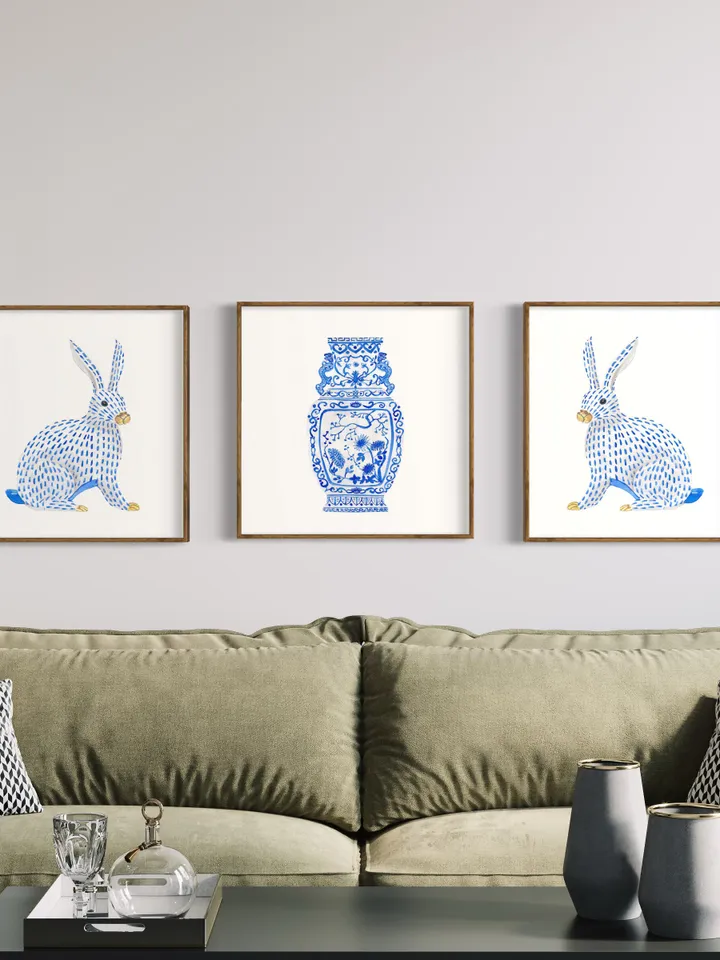 Blue And White Ginger Jar Vase Set Of 3  Watercolor Rabbit Asian Art Gift For Her Chinese Porcelain Vase Prints Classic  Porcelain Art Print