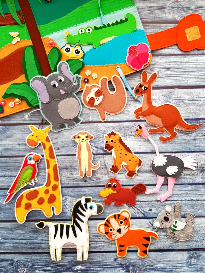 Jungle Quiet Book pattern PDF, Felt book pattern, Soft montessori book template, Felt jungle animals pattern, Felt Activity Book pdf ideas