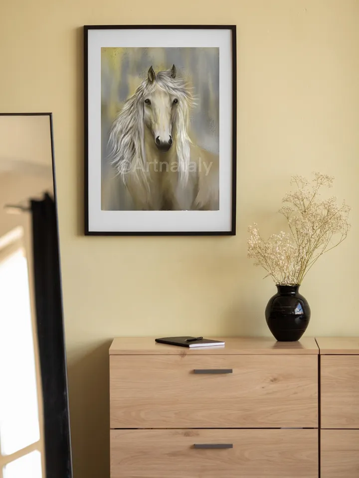 Horse portrait art, Horse wall art, Horse head digital art with white mane