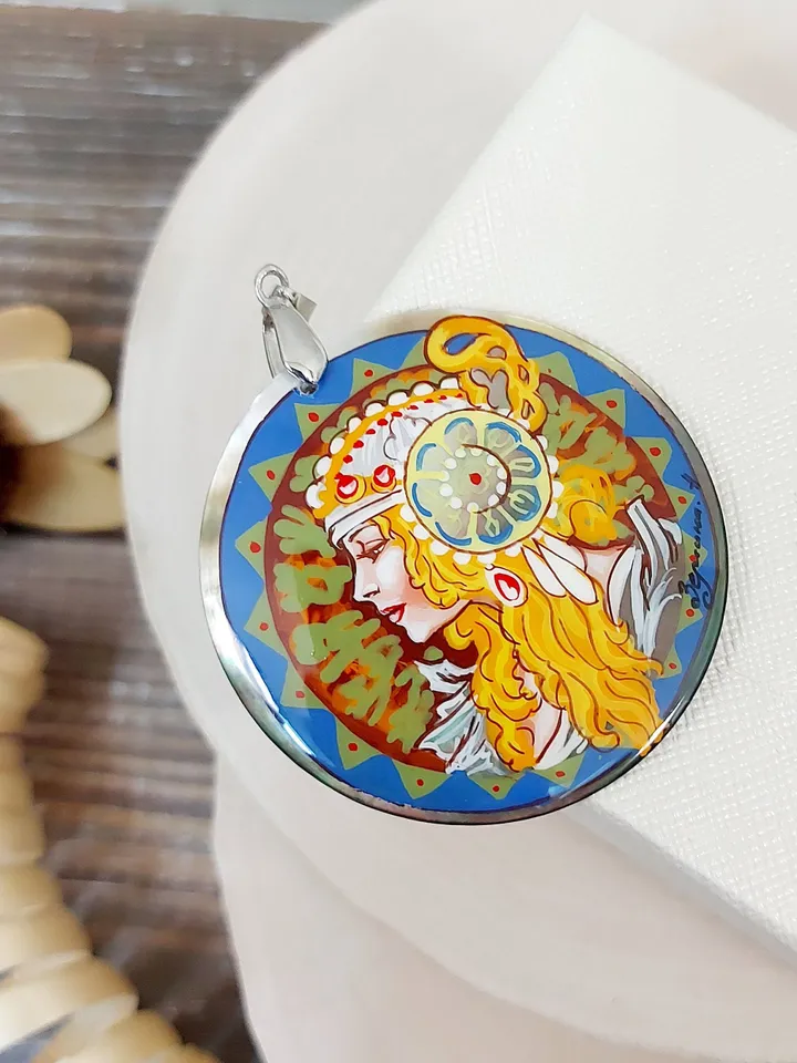 Pearl pendant necklace: The Blonde by Alphonse Mucha on dainty necklace. Charming art hand painted on shell pendant. Cute gift for friend.