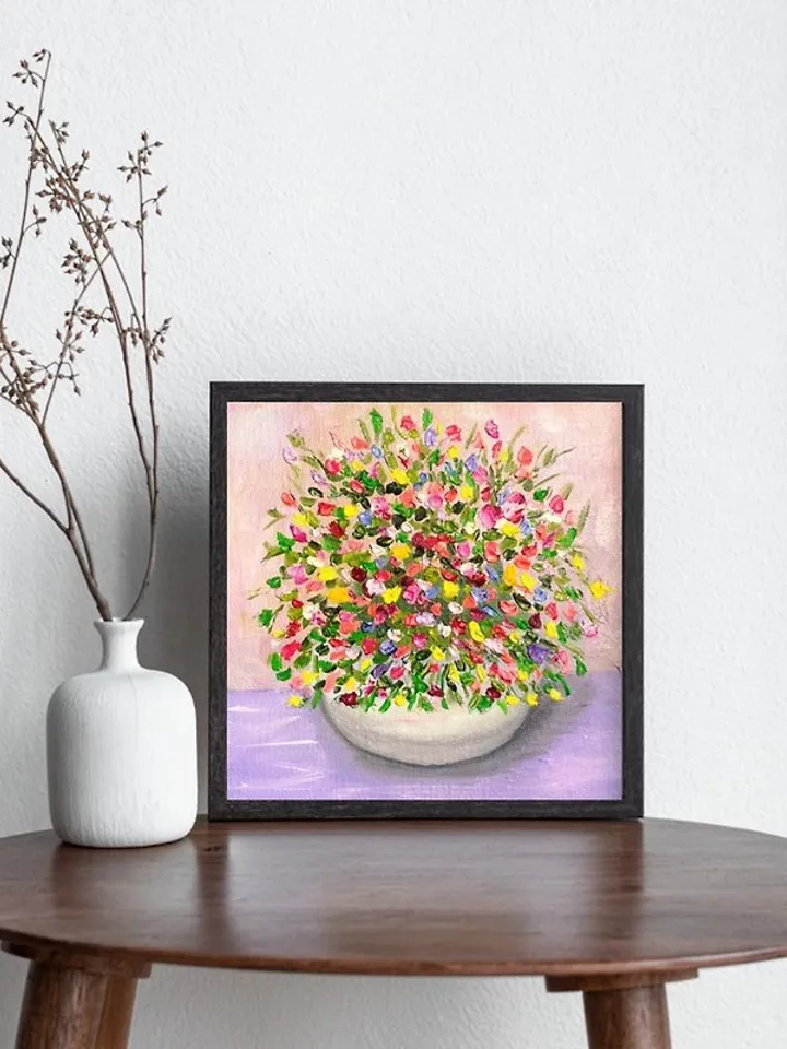 Oil Painting Bright Flowers in a White vase Impasto Art Miniature 6 x 6 inches