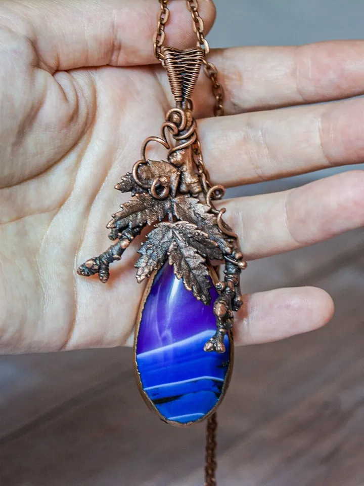 Unique handmade copper pendant made of natural leaves and twigs using the electroforming method, with a natural agate, an original gift