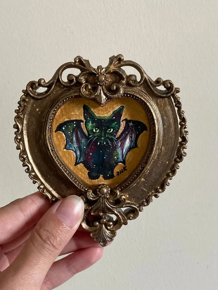 Bat Painting Small Framed Art Goth Painting Bat Gifts, Mini Gold Framed Decor, Cat Bat, Black Cat Art, Tiny Art Whimsigoth Decor