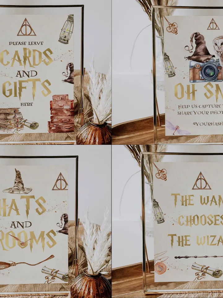 11 WIZARD SIGNS Wizard Baby Shower; Magic School Baby Shower template; The Owlery; The wand chooses the Wizard; Hats and Brooms; wh1