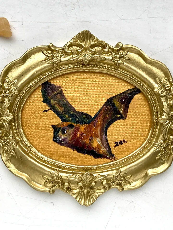 Fox Bat Painting Original Framed Small Oil Painting Gold Frame Goth Art