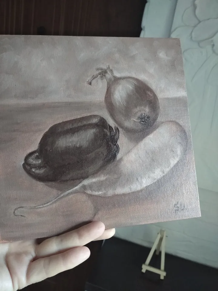 Still Life with Vegetables, Oil Painting with Peppers, Onions and Radishes, Canvas 8x8 inches