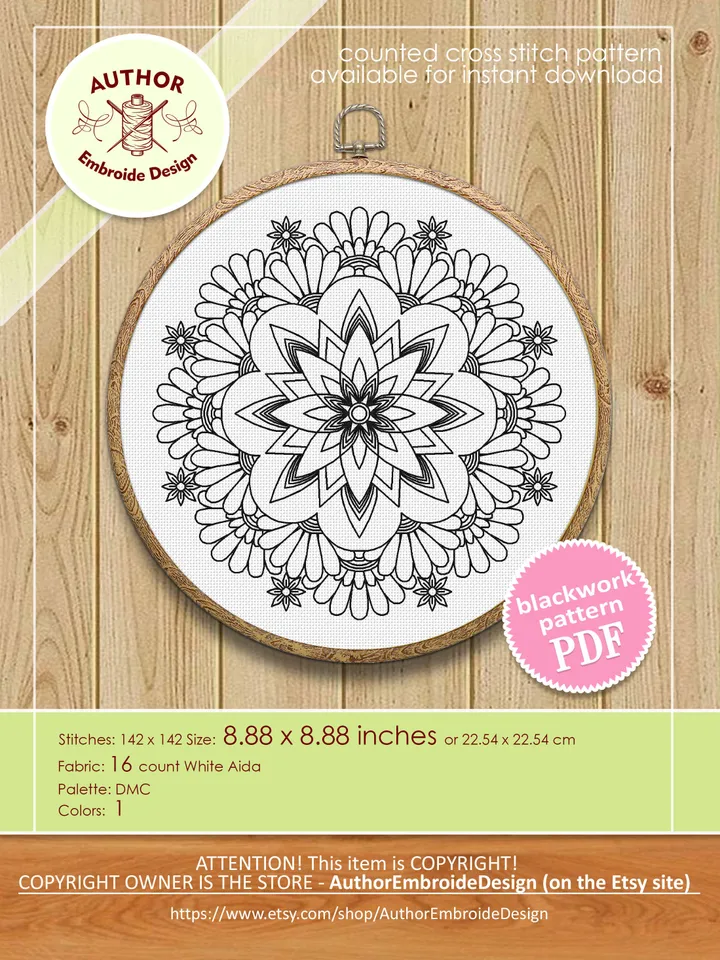 Flower mandala blackwork pattern PDF Blackwork mandala embroidery download PDF, Backstitch chart, Mandala cross stitch, Home decor #W31