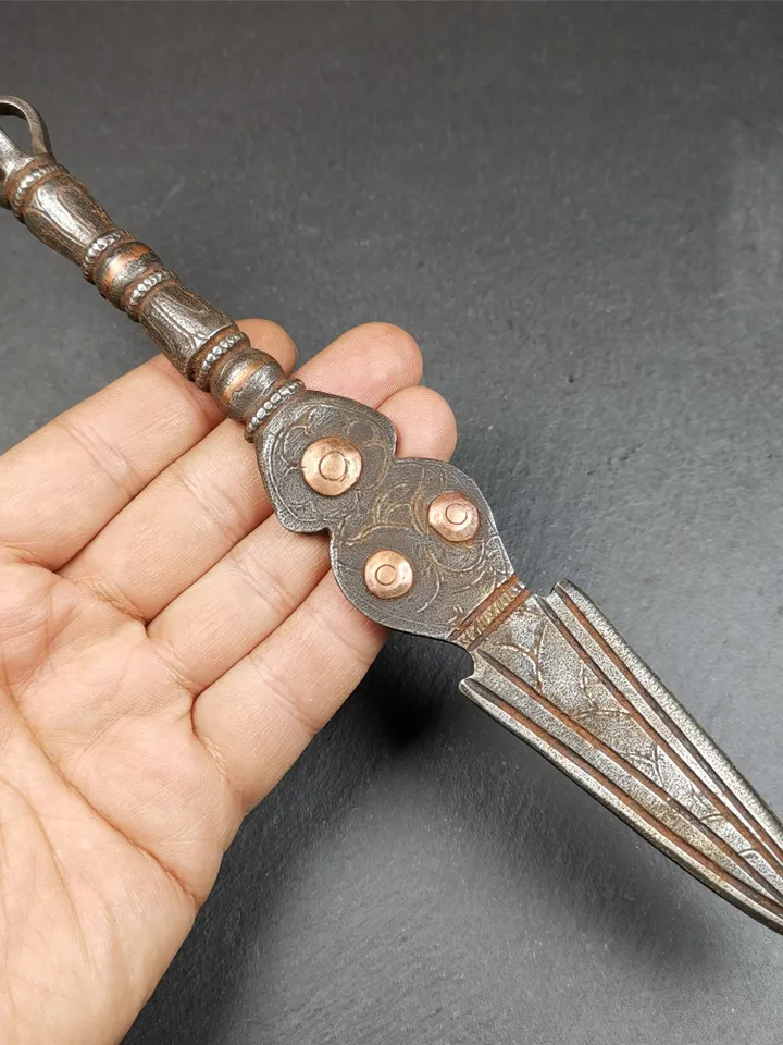 Gandhanra Tibetan Buddhism Ritual Implement Dorje Phurba(Kila Dagger),Dharma Ritual,Altar Tool,Made of Cold Iron inlaid Copper