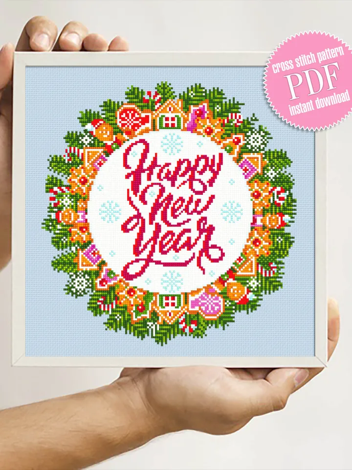 Christmas wreath cross stitch pattern download PDF Winter holiday cross stitch chart Christmas pattern digital Happy new year stitch #N24