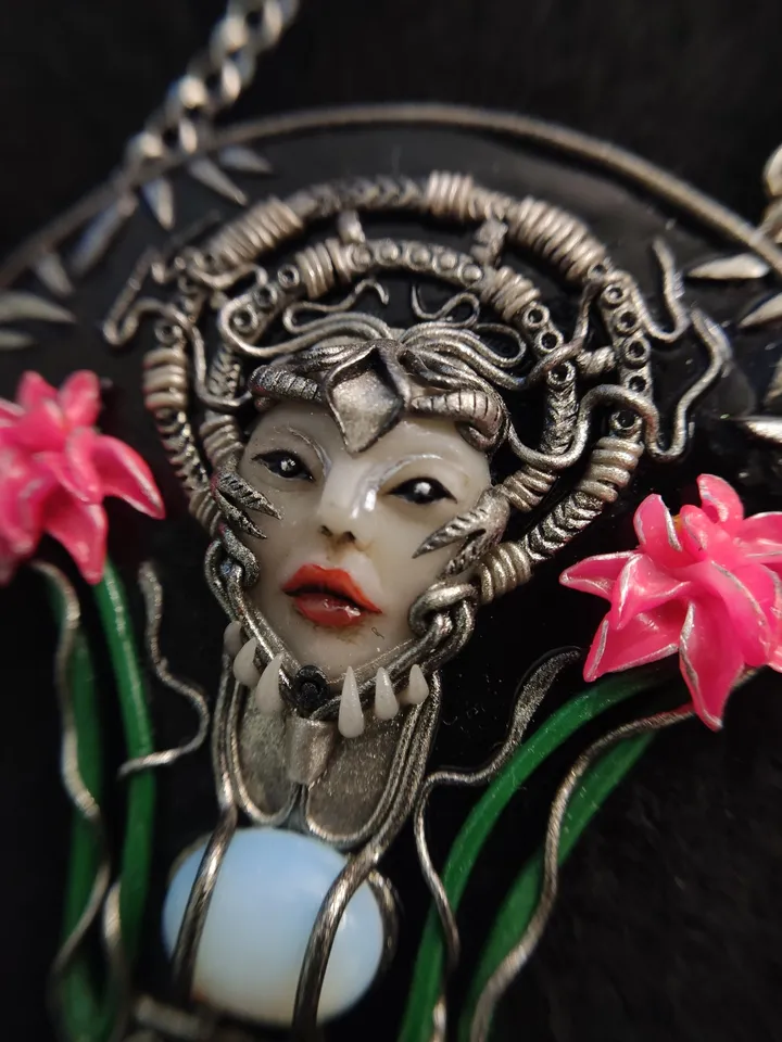 Japanese pendant,necklace with lotus,jewelry necklace, Polymer clay necklace