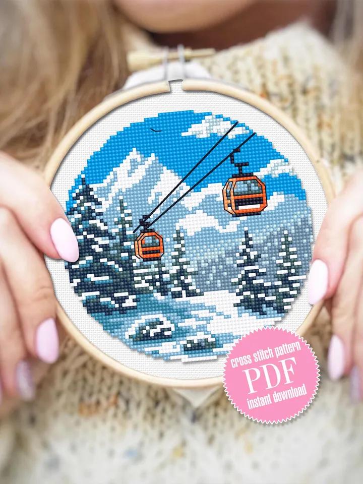 Winter landscape cross stitch pattern PDF download Ski lift gondola cross stitch, Small snow pattern digital PDF, Mountain landscape #L94