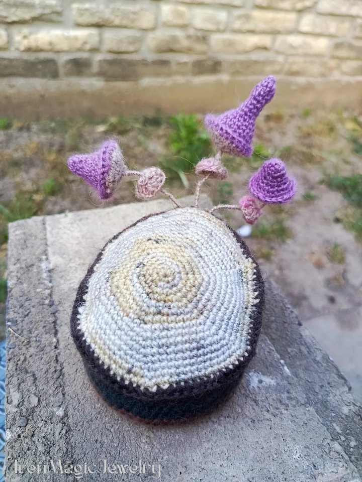 Crochet Forest Stump Pincushion with Mushrooms