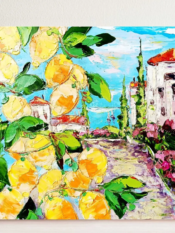 Amalfi Lemon Tree Painting Courtyard Original Art Impasto Oil Painting 10x10 Coastal View Free Shipping Floral Wall Art by ArtProkopaloSv