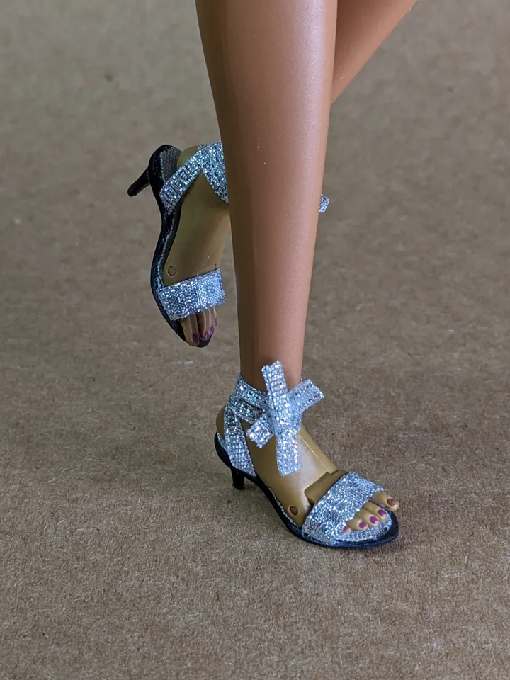Handmade silver sandals with ribbon for 16-inch Fashion Royalty doll (FR16)