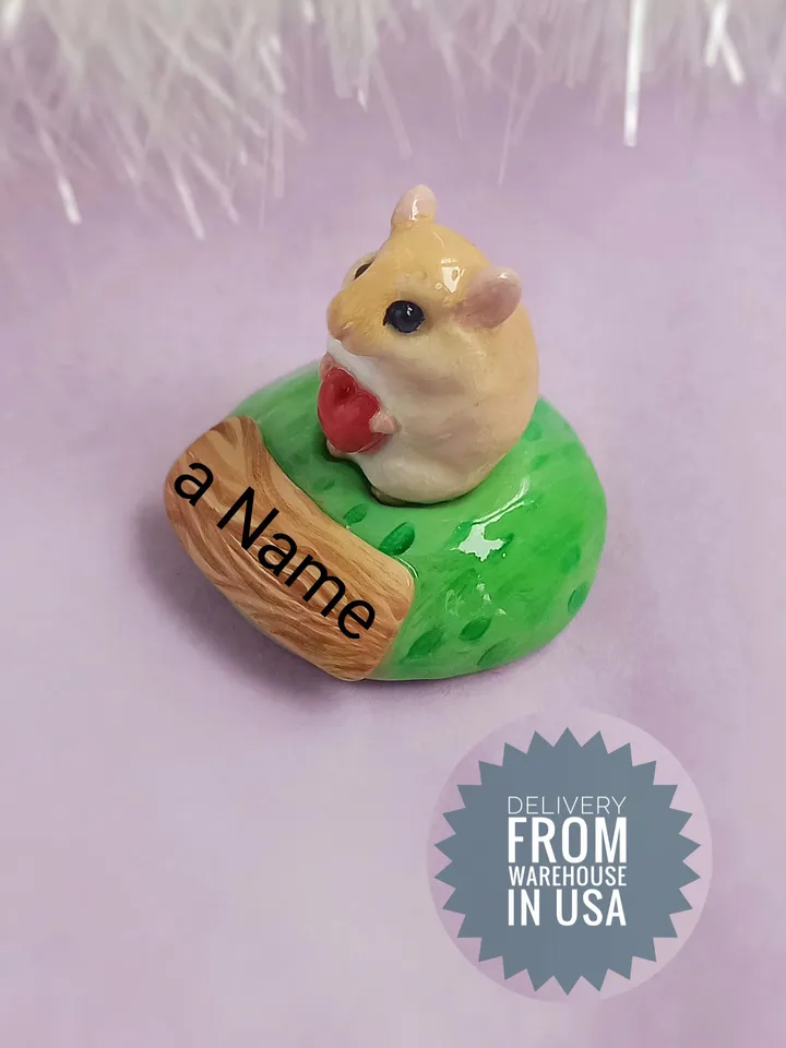 Small handmade hamster figurine on base with nameplate (US discount)