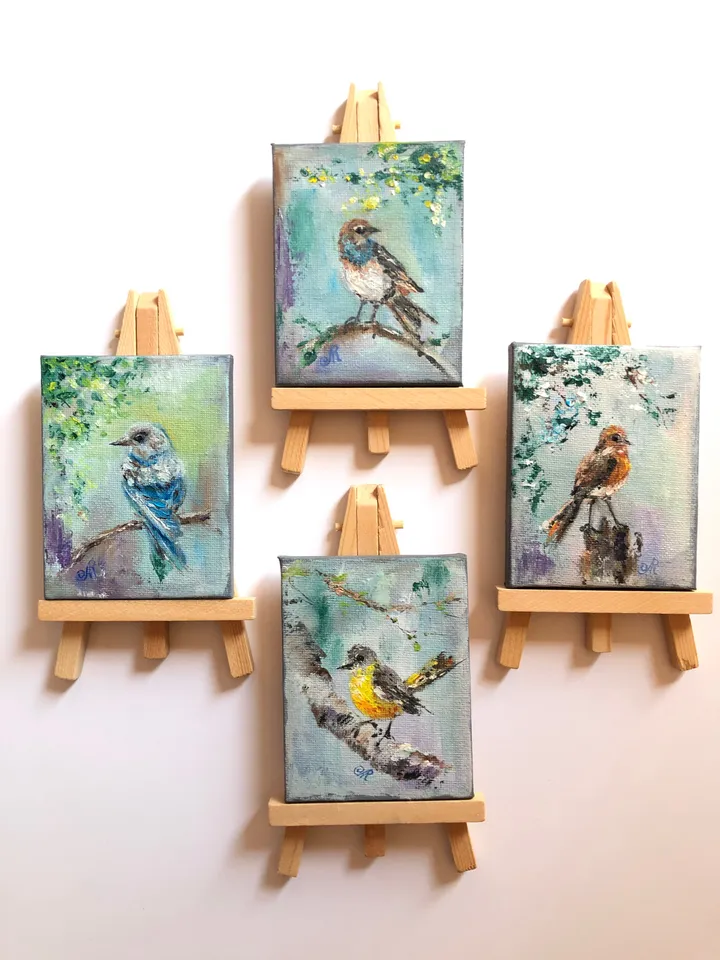 Aceo Birds Set of 4 Mini Painting Original Aceo cards Miniature Birds Painting Small Oil Painting