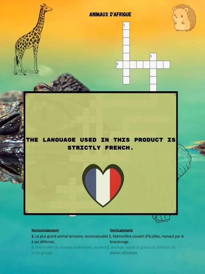 Crossword Puzzle Animals of Africa in French.