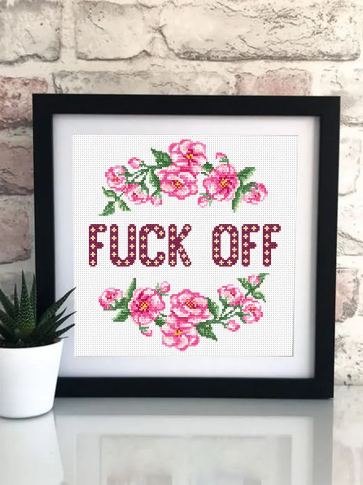 Framed quote cross stitch pattern Fuck Off download PDF Flower wreath cross stitch chart, Funny cross stitch Home decor, Flower sakura #Q34