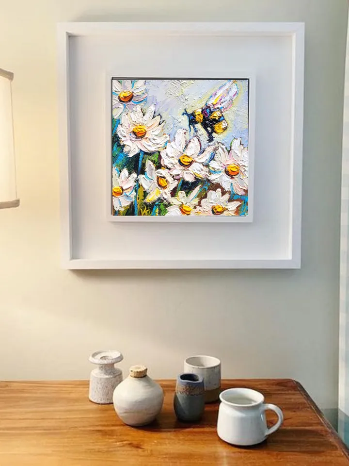 Daisy Painting Bumble Bee Painting Original Impasto Oil Painting 6x6 Honey Bee Wall Art Daisy Artwork Bee and Flower Art Christmas Gift by ArtFromVictoria