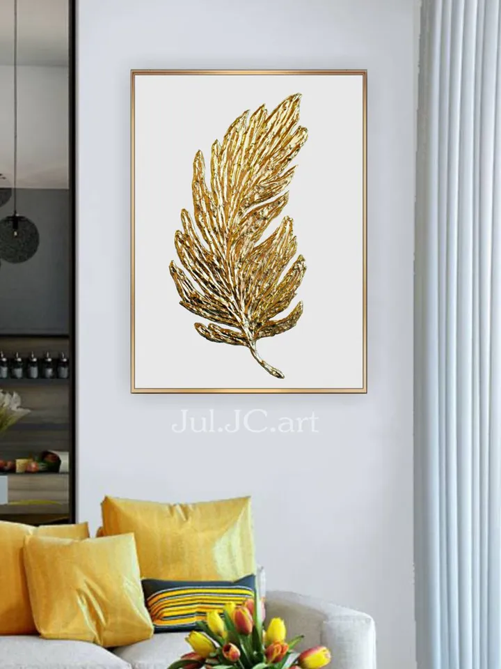 Gold Feather Abstract Painting Modern wall decor Gold and White Wall Art on canvas Textured Artwork