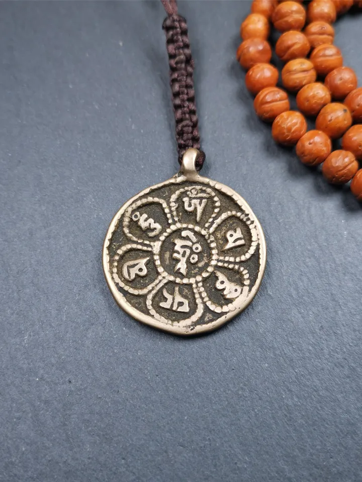 Gandhanra Handmade Tibetan Buddhist Amulet,Om Badge Pendant, Mantra of Om Mani Padme Hum, Made of Brass,1.38"