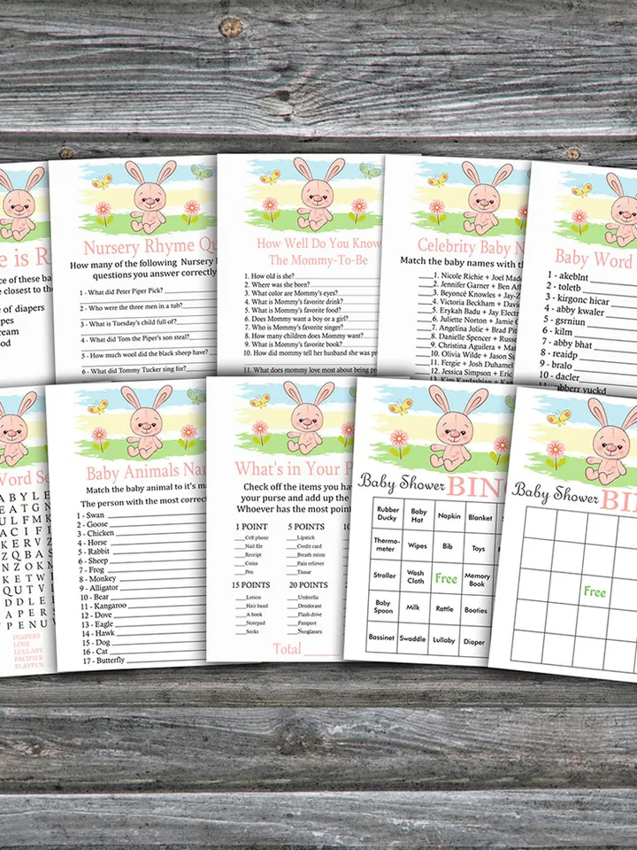 Pink bunny baby shower games bundle,Little bunny Baby Shower games package,Fun Baby Shower Games,9 Printable Games-310