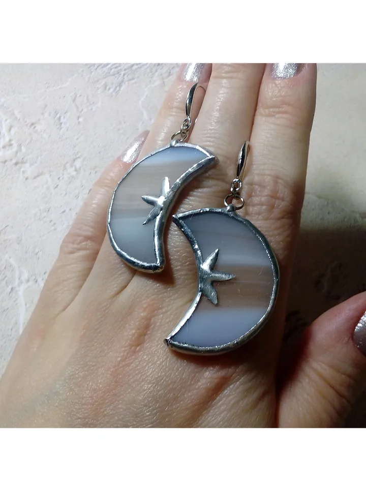 Glass crescent earrings, Moon and stars, Witchy goth aesthetic, Tin soldered moon earrings, Halloween, Witch earrings