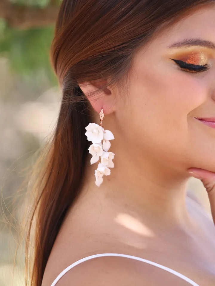 Delicate Porcelain Flower and Leaf Wedding Earrings, Boho Bridal Earrings, Rose Gold Statement Earrings, Floral Chandelier Earrings, Jewelry