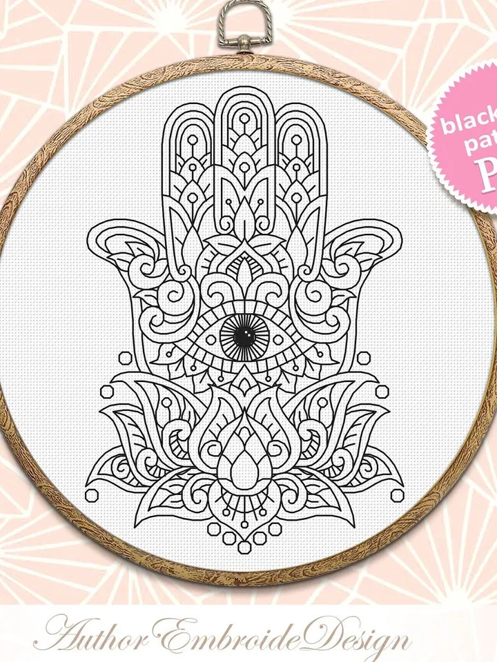 Hamsa hand with lotus flower blackwork pattern PDF Hand of fatima blackwork embroidery download PDF, Backstitch chart Hamsa charm #W27