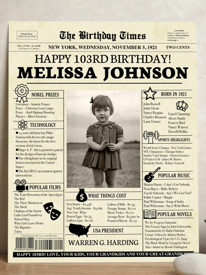 103rd birthday, 103rd birthday newspaper poster sign, custom gift for grandma, gift for grandma from granddaughter, unique gift for grandma