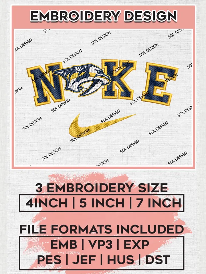 Nike Nashville Predators Machine Embroidery Files, NHL Nashville Predators Embroidery Designs, NHL Predators Logo, NHL Machine Embroidery Designs, Digital Download