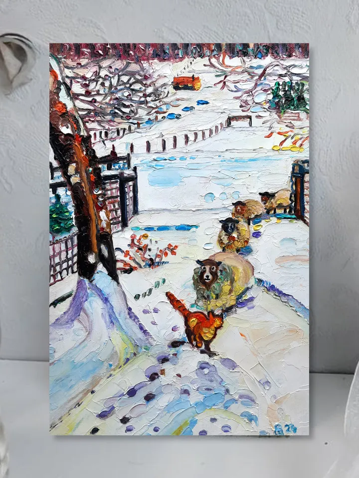 Funny Red Cat Oil Painting Impasto Artwork Oil on canvas 12*8 inc
